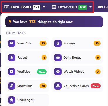 Earn Coins menu